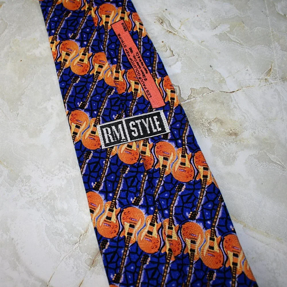 RALPH MARLIN Les Paul Guitar Neck Tie Musical Stripe Blue Silk Necktie